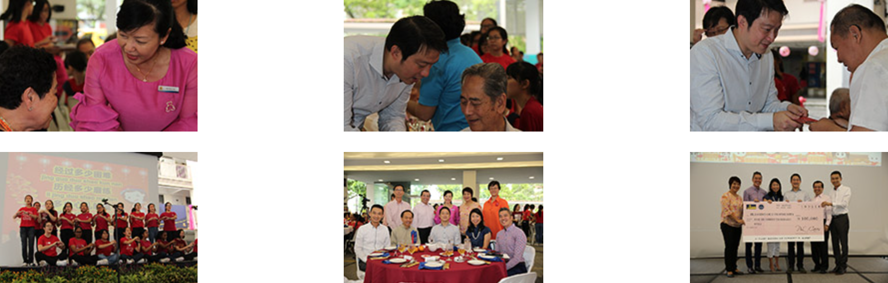 Six photos showing community event scenes including people interacting, a group in red, a dinner table, and a check presentation.